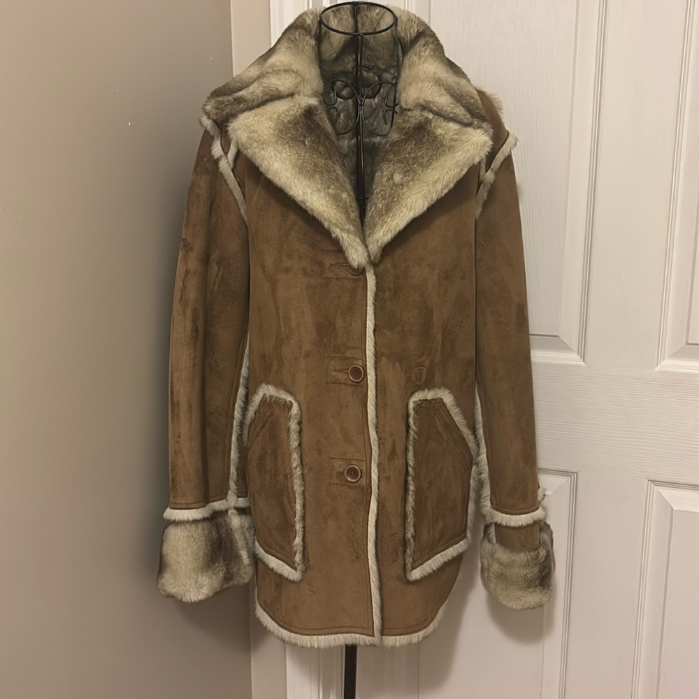 Dennis By Dennis Basso Faux Fur tan warm chic reversible Ranch Coat sz Small